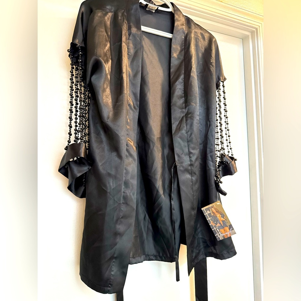 Cute black silk robe with beads on the arms.